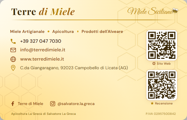 Biglietto da visita Terre di Miele — retro con QR code